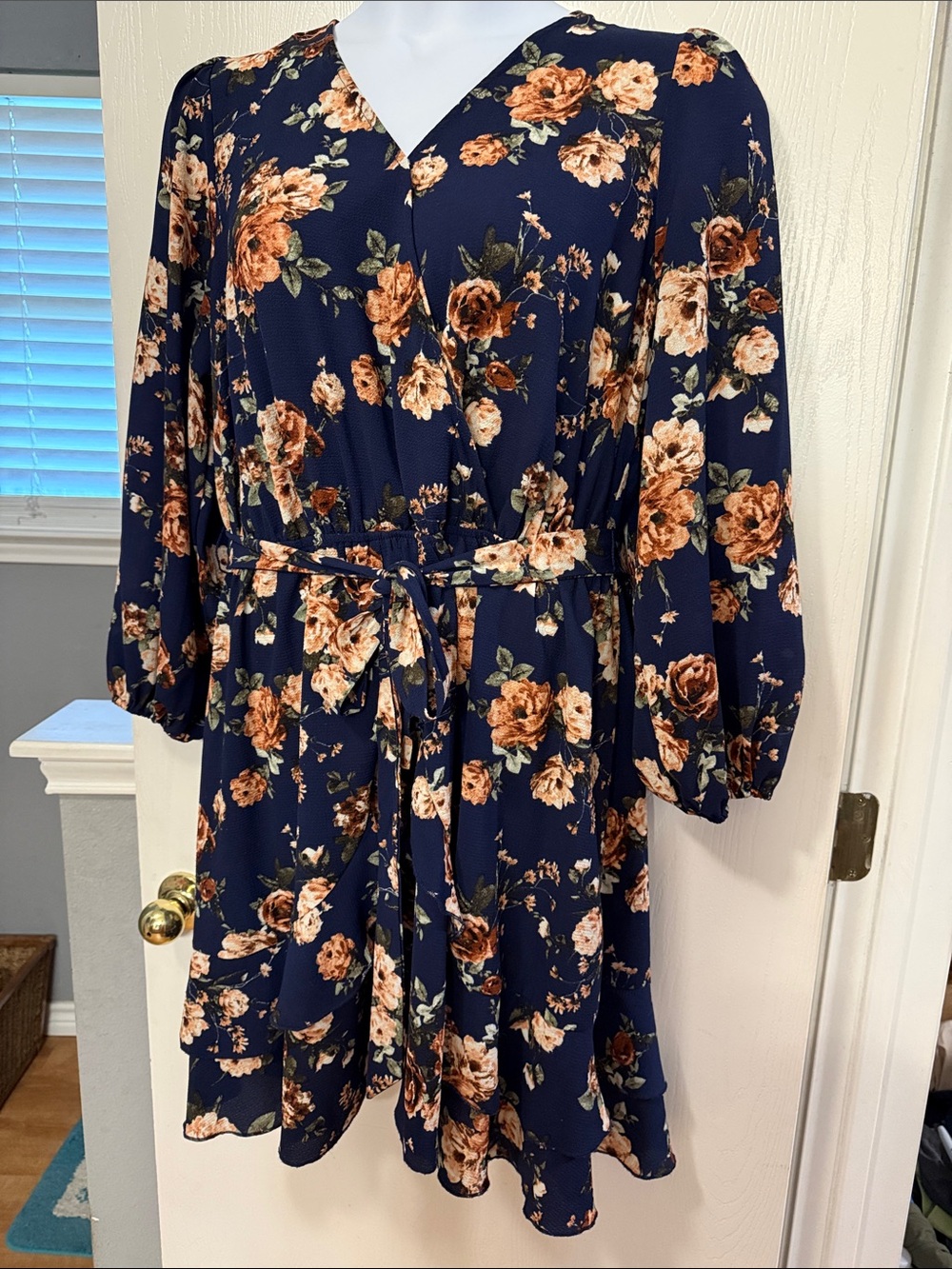 Inspired Hearts Navy Floral Long Sleeve Tie-Waist Dress